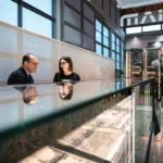 Two people in business attire sit at a glass display counter having a conversation in a modern, well-lit exhibition or trade show setting with other booths and people in the background.