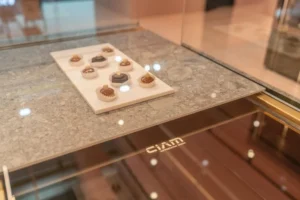 A tray of assorted chocolates is displayed on a gray stone countertop inside a glass display case with the logo CIAM visible on the front.